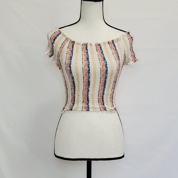 Shirred Off the Shoulder Pastel Striped Elasticized Crop Top - Picture 1 of 3